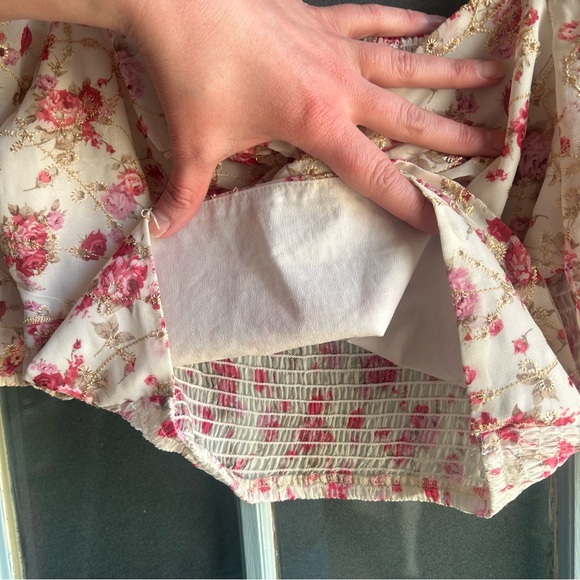 Buckle BKE Floral Front Tie Chiffon Puffy Sleeve Crop Top A. PEACH White Pink M - Picture 9 of 11